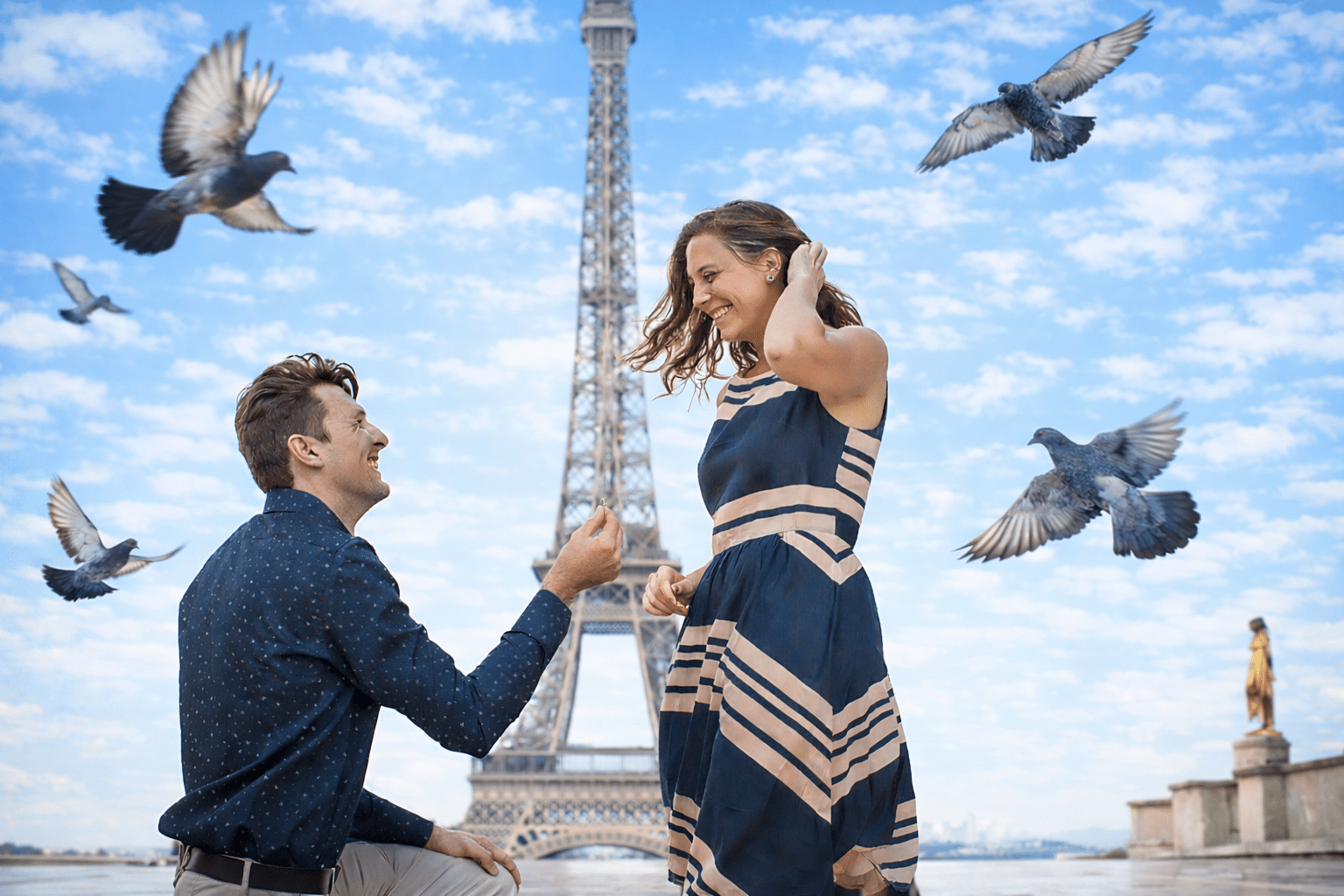 Paris proposal photographer capturing surprise engagement at Eiffel Tower